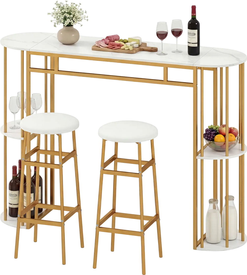60-inch dining table with faux marble surface and 2 upholstered barstools, perfect for small kitchens and apartments.
