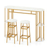 60-inch dining table with faux marble top and 2 upholstered barstools, featuring a compact design for small spaces.
