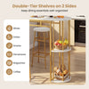 Double-tier shelves on a 60-inch dining table provide organized storage for drinks, snacks, and magazines in a stylish.