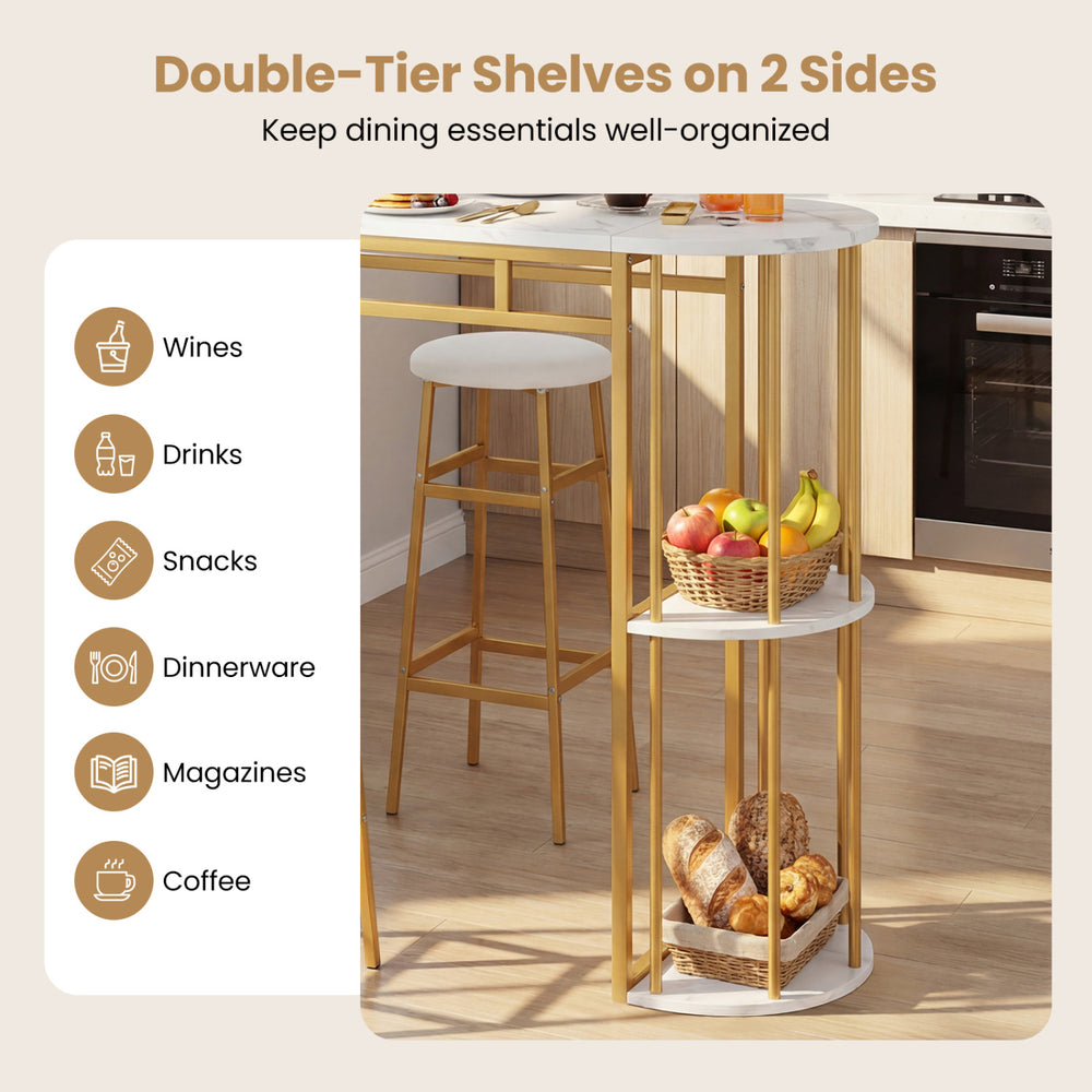 Double-tier shelves on a 60-inch dining table provide organized storage for drinks, snacks, and magazines in a stylish.