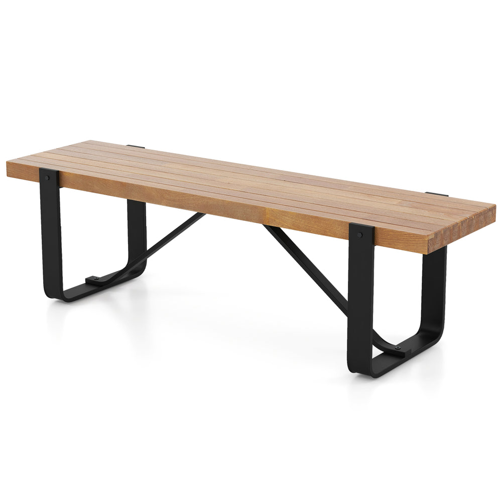 Rustic 60-inch entryway bench with a wooden top and heavy-duty metal frame, ideal for shoe storage and seating.