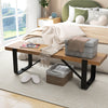Rustic 60-inch entryway bench with wooden top and metal frame, perfect for shoe storage and seating in any living space.