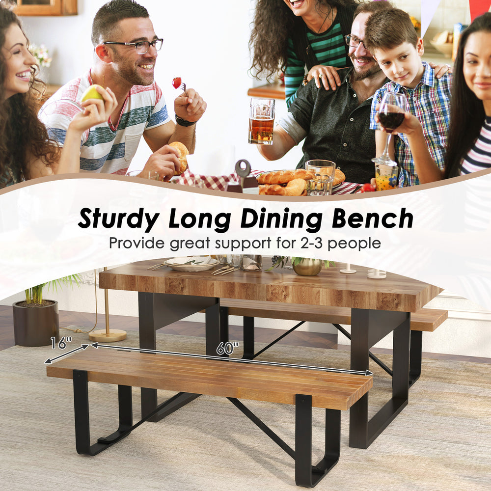 Sturdy 60-inch entryway bench with a rustic wooden top and metal frame, supporting up to 660 lbs for shoe changing.