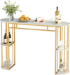 Narrow 60-inch bar table with faux marble top and gold metal frame, featuring double shelves for versatile storage.