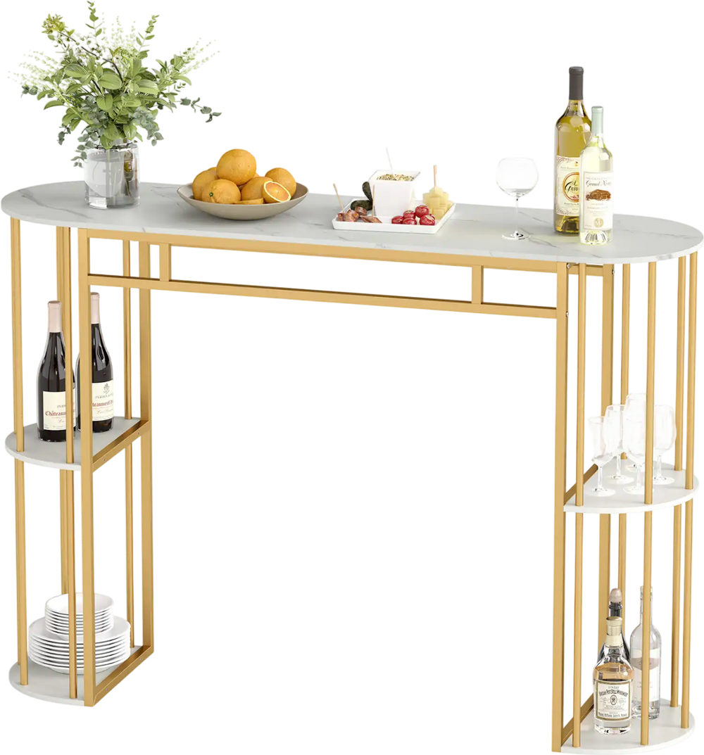 Narrow 60-inch bar table with faux marble top and gold metal frame, featuring double shelves for versatile storage.