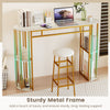 Narrow 60-inch bar table with faux marble tabletop and gold metal frame, featuring double shelves for versatile storage.