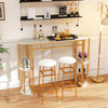 Narrow 60-inch bar table with faux marble top and double shelves for storage, ideal for small kitchens or living rooms.