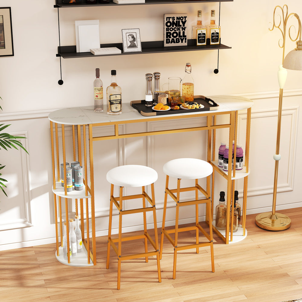 60 Inch Long Bar Table Narrow with Faux Marble Tabletop and Storage Shelves-White - Gallery View 1 of 10