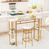 Narrow 60-inch bar table with faux marble top and gold metal frame, featuring storage shelves for small kitchens.