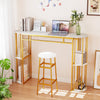 Narrow 60-inch bar table with faux marble top and gold metal frame, featuring semi-circular storage shelves for small.