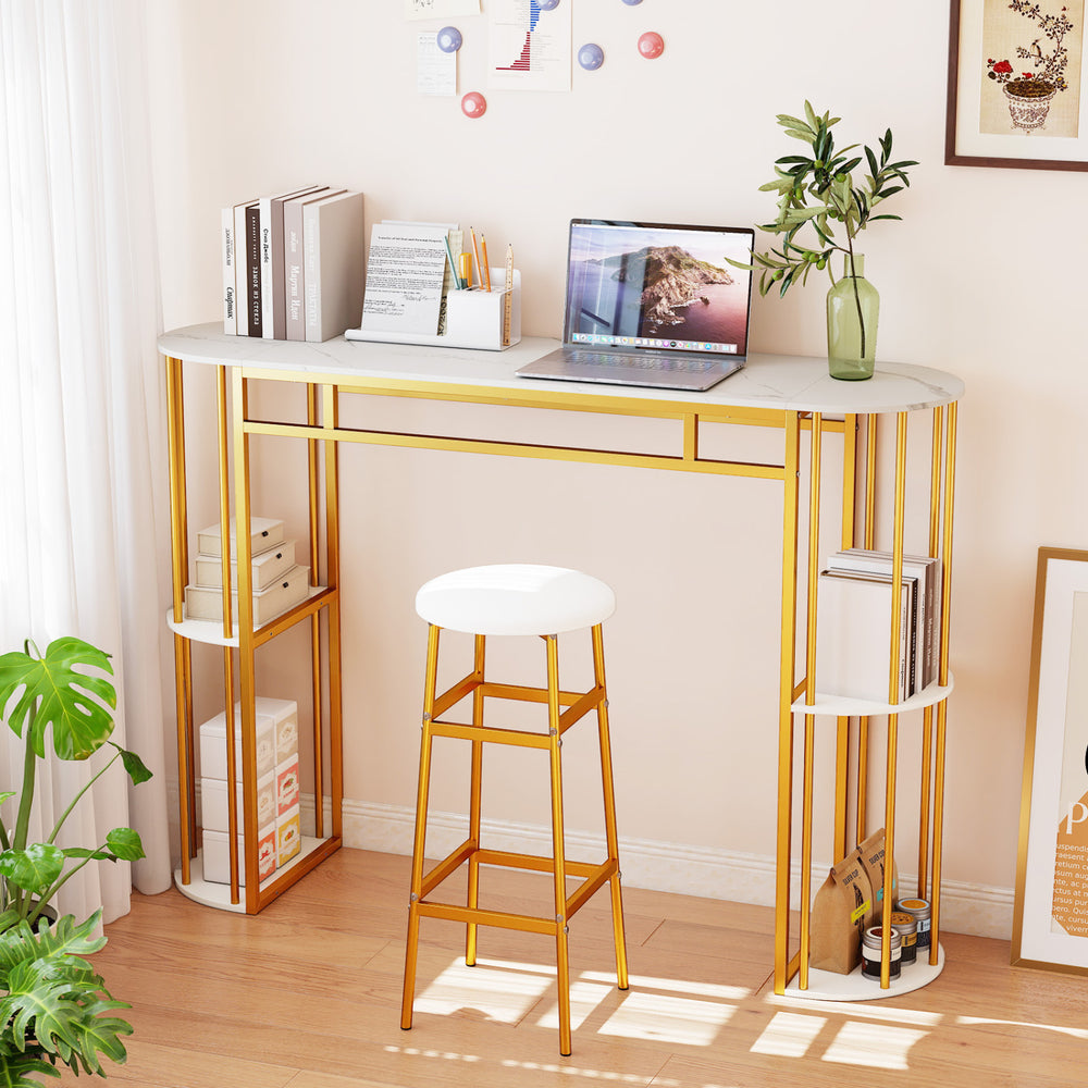 Narrow 60-inch bar table with faux marble top and gold metal frame, featuring semi-circular storage shelves for small.