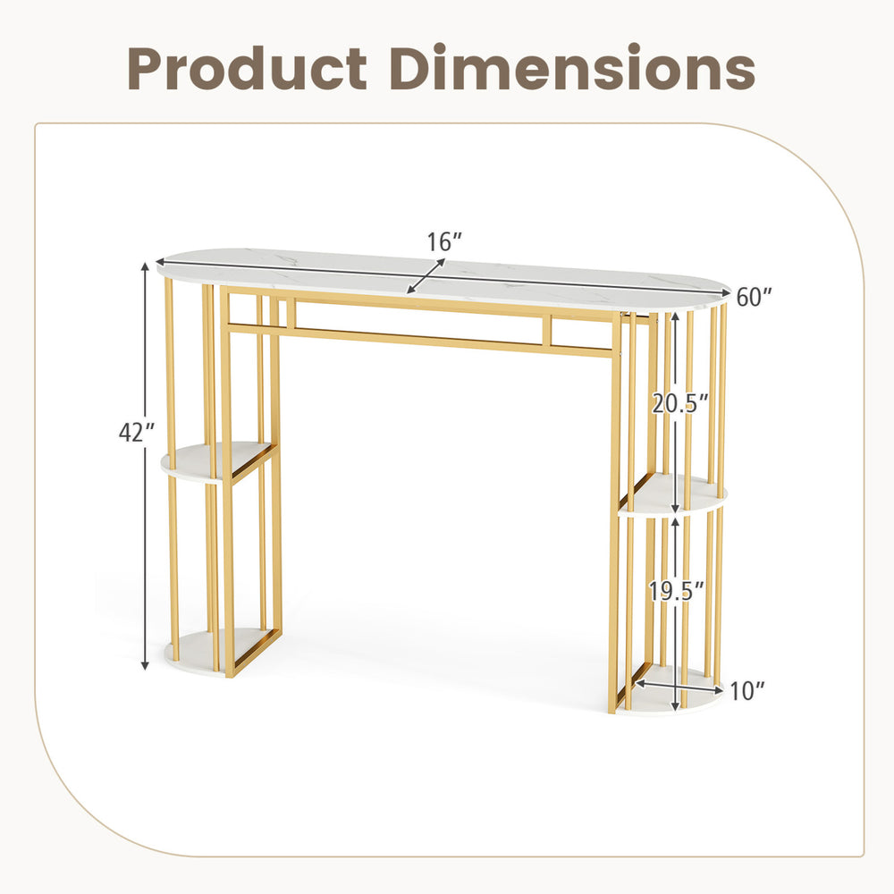 Product dimensions of the 60-inch narrow bar table with faux marble top and gold frame, showing height and shelf.