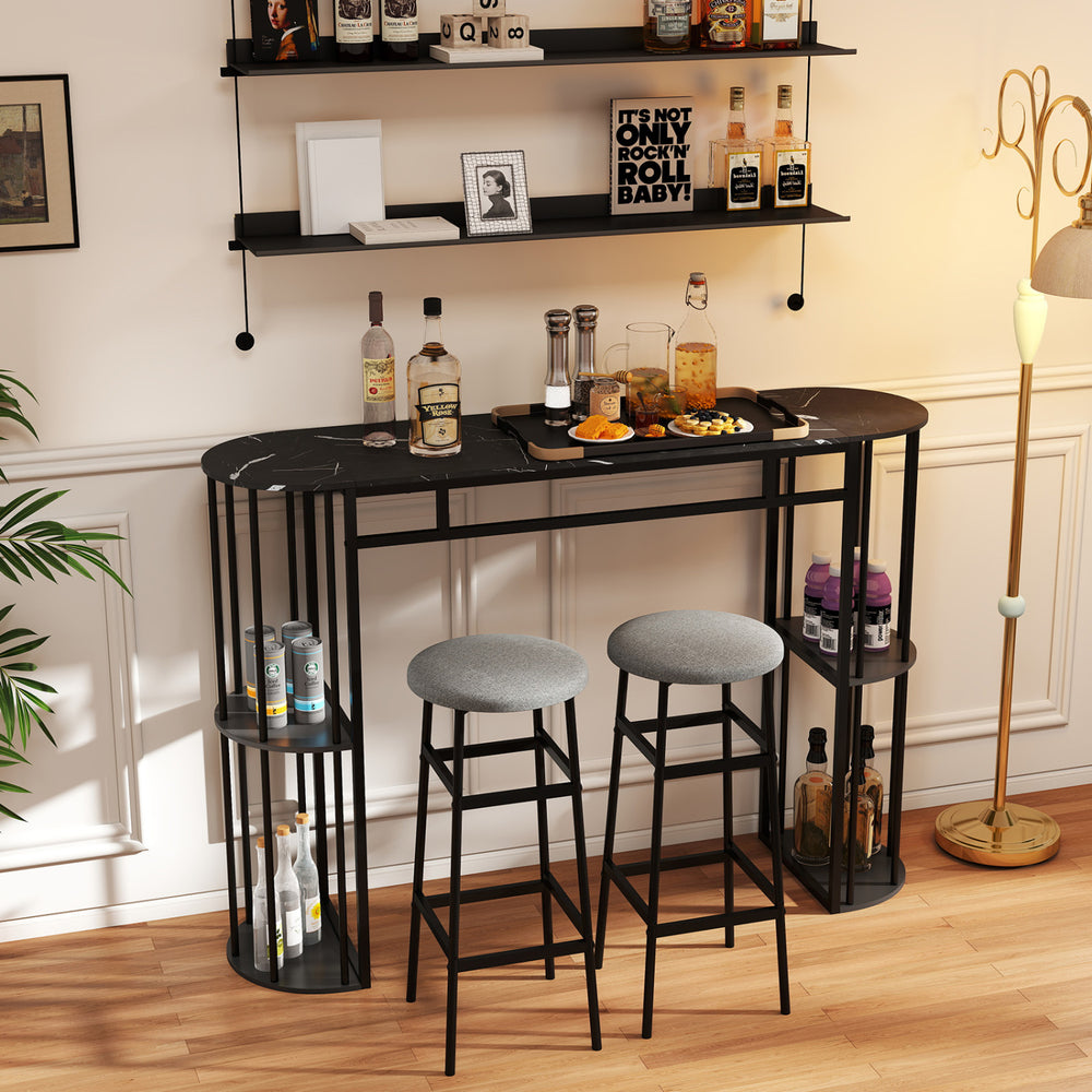 60 Inch Long Bar Table Narrow with Faux Marble Tabletop and Storage Shelves-Black - Gallery View 1 of 10