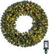 60-inch pre-lit artificial Christmas wreath with 200 warm white LED lights, perfect for festive outdoor displays.