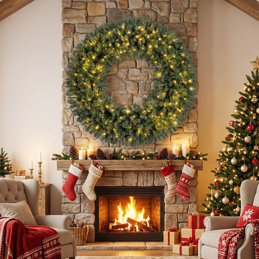 60-inch pre-lit artificial Christmas wreath with 200 warm white LED lights, perfect for festive indoor or outdoor.