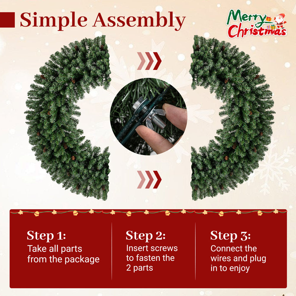 60-inch pre-lit artificial Christmas wreath with 200 warm white LED lights, featuring simple assembly and festive.