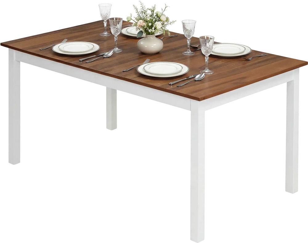 Rectangular 60-inch dining table with solid rubber wood legs, featuring a brown wooden texture, ideal for kitchens and.