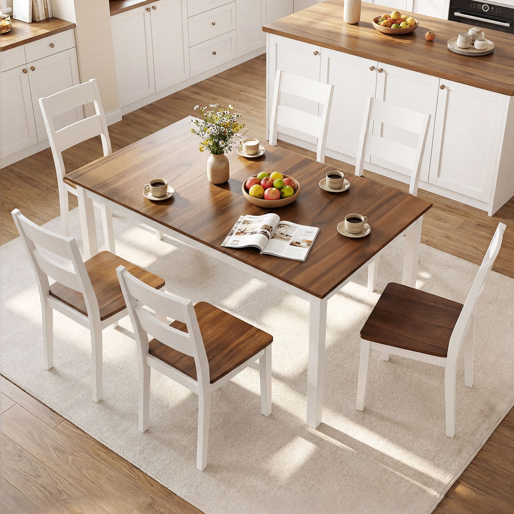 Rectangular 60" dining table with solid rubber wood legs, featuring a brown wooden texture, perfect for kitchens and.