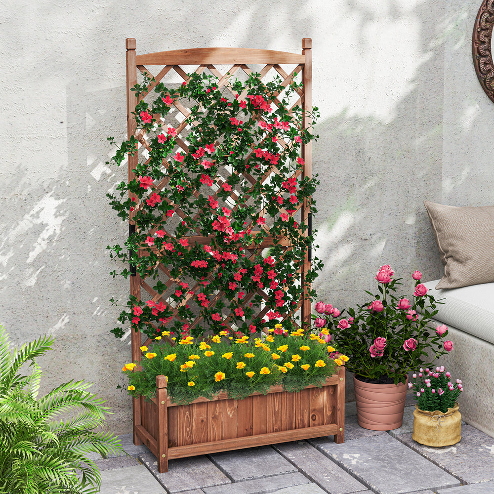 60-inch tall raised garden bed with diamond lattice trellis, crafted from solid fir wood, perfect for climbing plants.