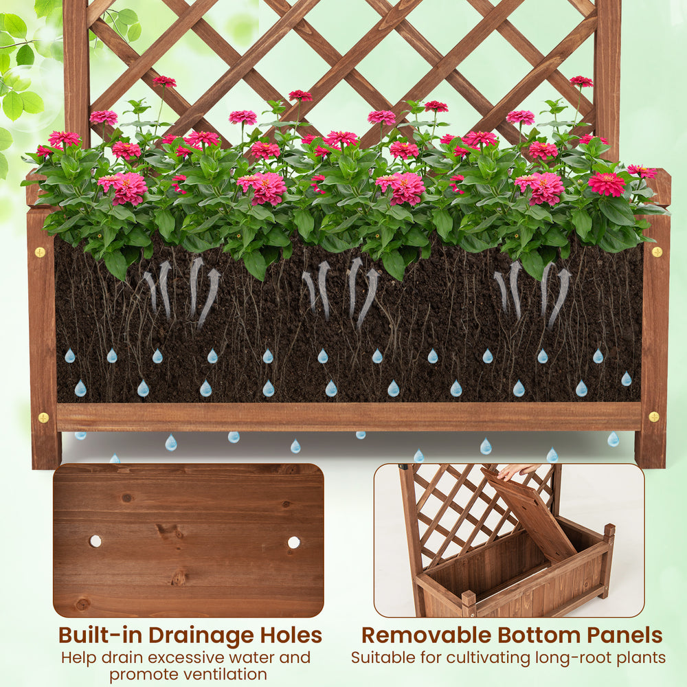 60-inch tall raised garden bed in brown with diamond lattice trellis, featuring drainage holes for healthy plant growth.