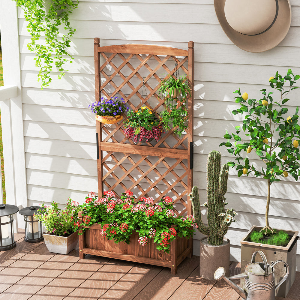 60-inch tall raised garden bed in brown wood with diamond lattice trellis, perfect for climbing plants and decorations.
