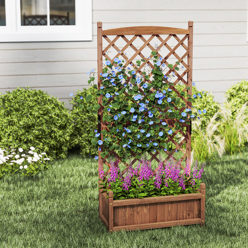 Raised garden bed with diamond lattice trellis, showcasing vibrant climbing plants and a charming brown wood finish.