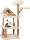 Solid wood cat tree with two perches, cozy condo, and jute scratching posts for playful and relaxed cats.