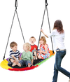 Colorful 60-inch saucer swing with LED lights, holding multiple kids, perfect for outdoor fun and nighttime play.