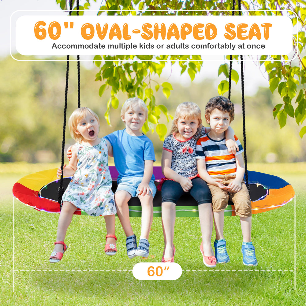60" oval-shaped saucer swing with LED lights, sturdy steel frame, accommodating multiple kids and adults for outdoor.