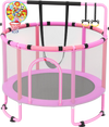 Kids' 60" trampoline in pink with enclosure, adjustable gymnastics bar, swing, and basketball hoop for indoor/outdoor.