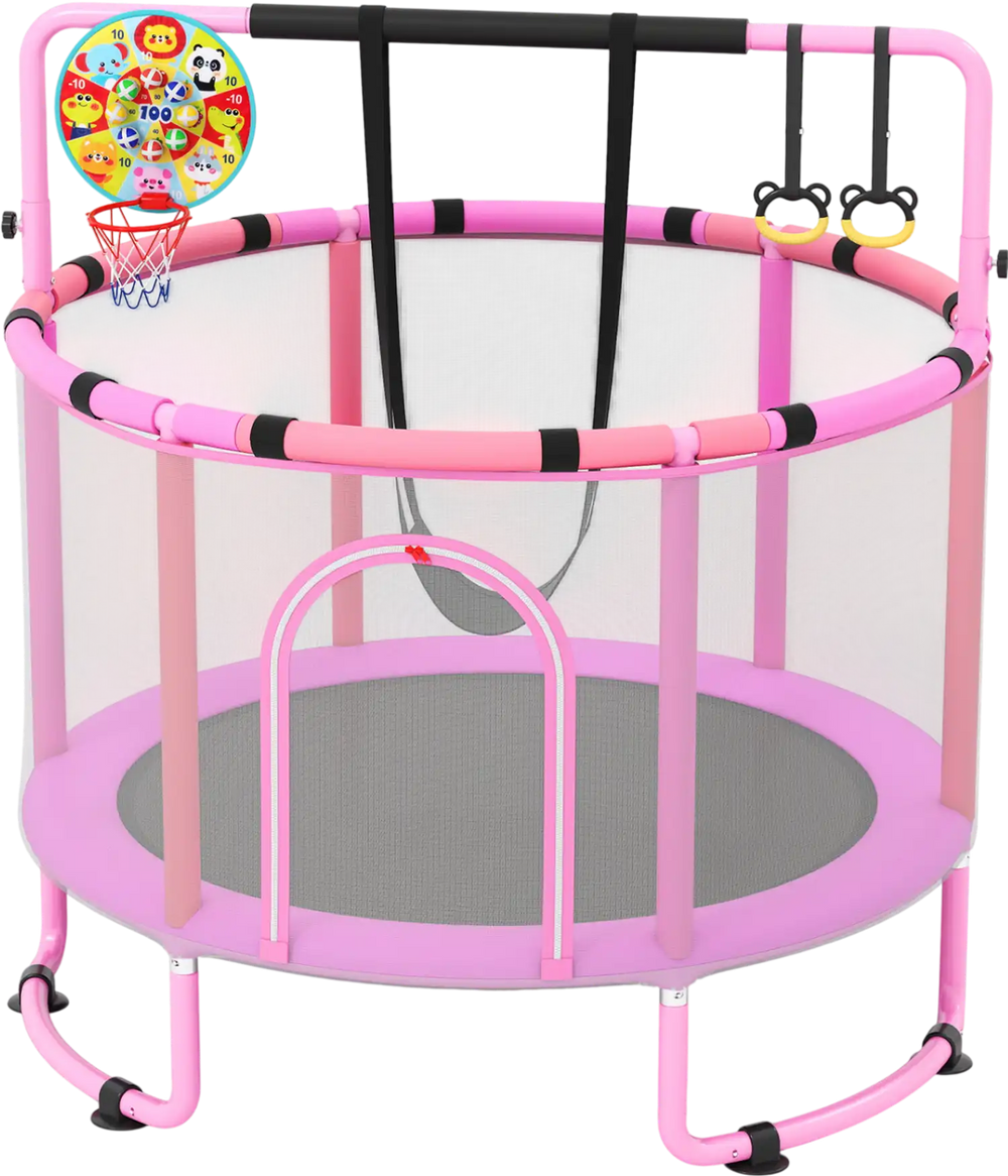 Kids' 60" trampoline in pink with enclosure, adjustable gymnastics bar, swing, and basketball hoop for indoor/outdoor.