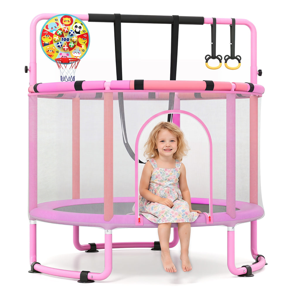 Kids' 60" trampoline with enclosure, swing, adjustable gymnastics bar, and basketball hoop for indoor and outdoor fun.