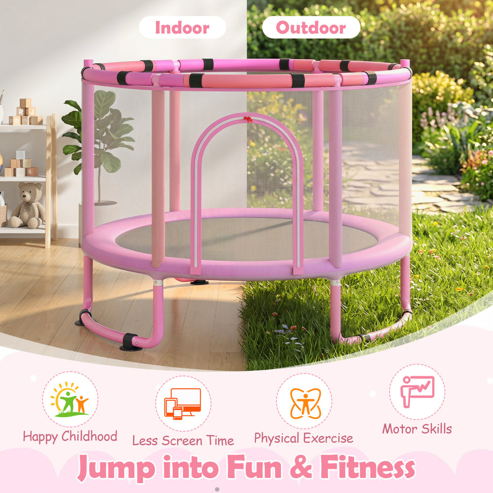 60" indoor outdoor trampoline for kids with enclosure, adjustable gymnastics bar, swing, and basketball hoop for active.