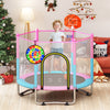 Kids trampoline with basketball hoop and dartboard, 60-inch jumping area, safe padded edges for indoor and outdoor play.