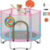 60-inch kids trampoline with basketball hoop and dartboard, featuring a padded edge and safety net for indoor/outdoor.