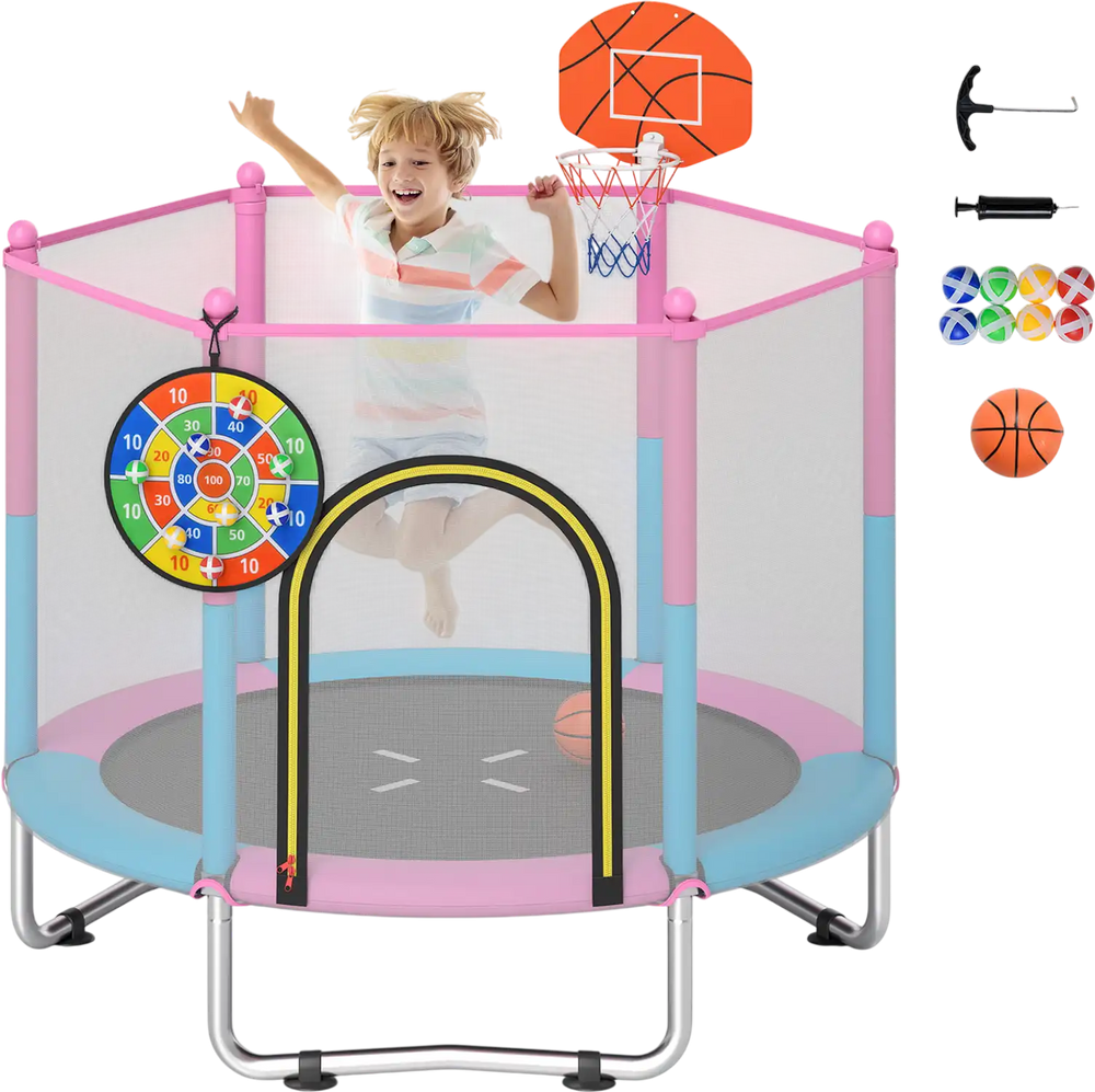 60-inch kids trampoline with basketball hoop and dartboard, featuring a padded edge and safety net for indoor/outdoor.