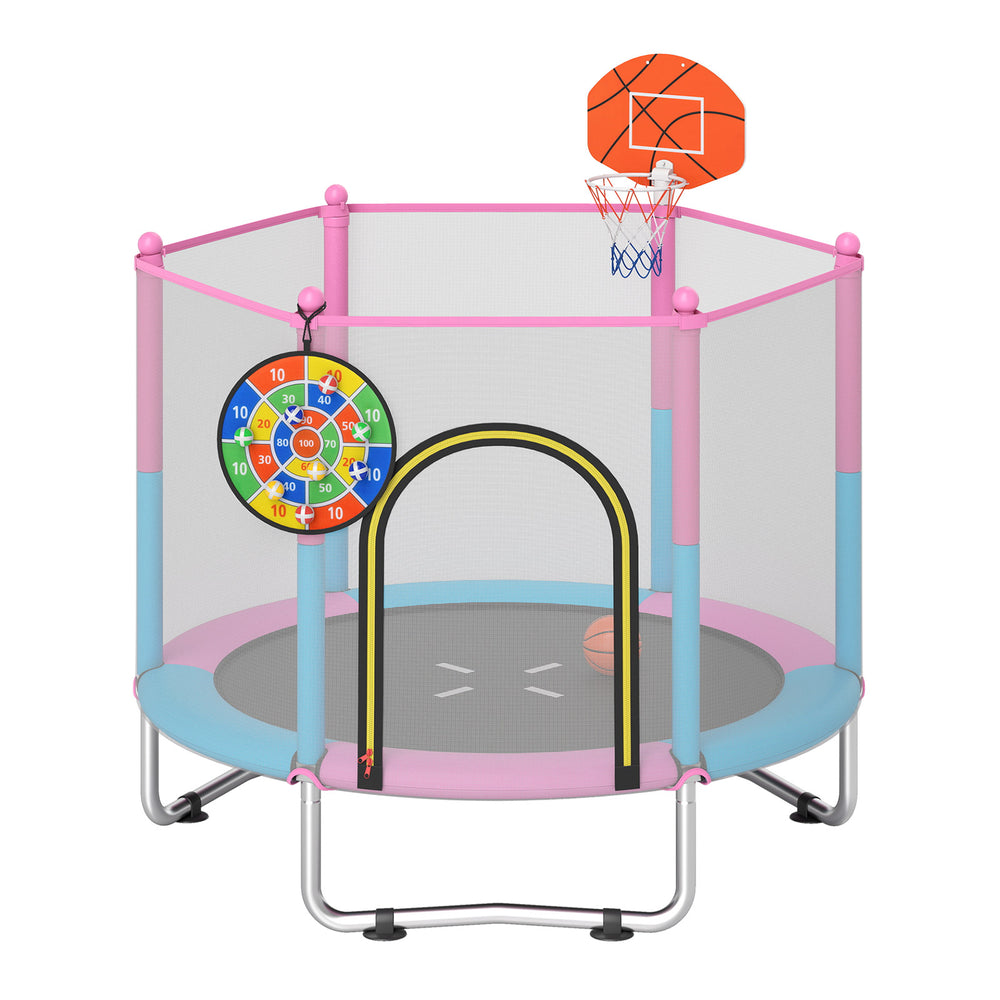 60-inch kids trampoline with basketball hoop and dartboard, featuring a padded edge and safety net for secure play.