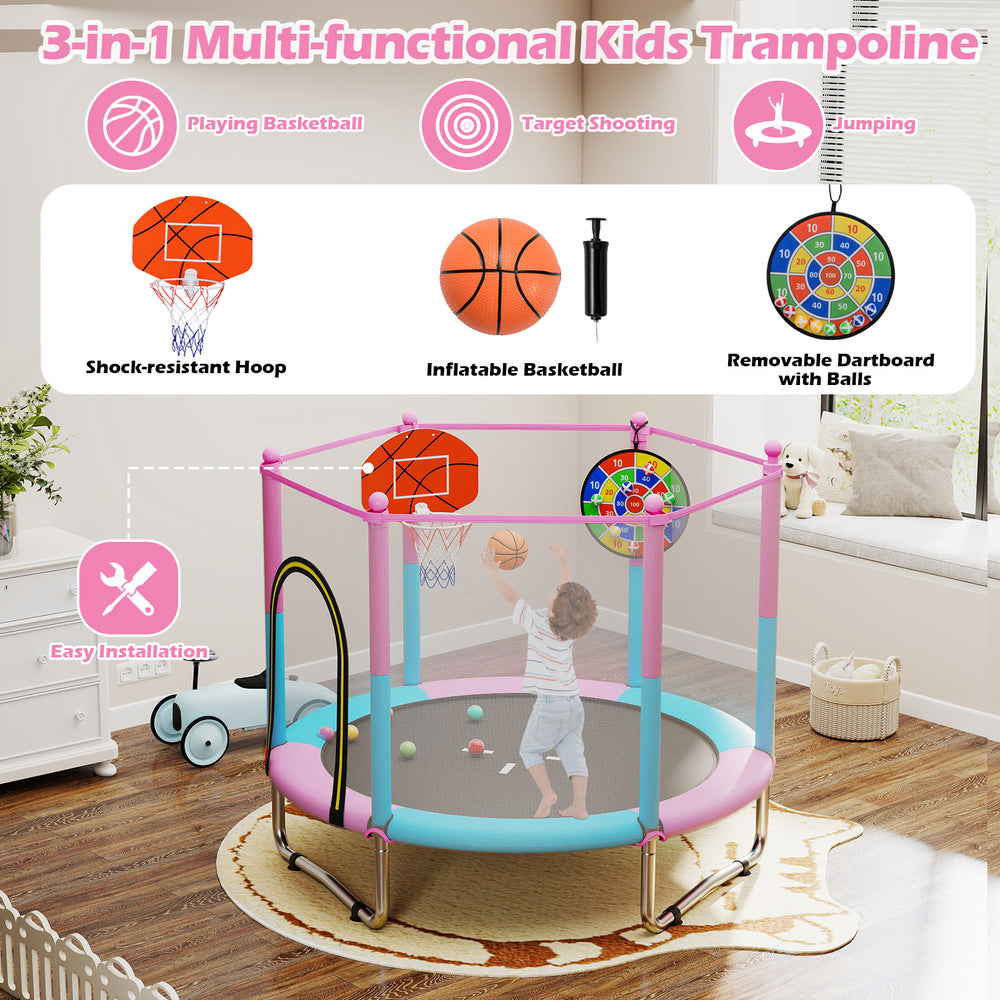 60-inch kids trampoline with basketball hoop, padded edges, and safety net for indoor and outdoor play.