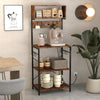 60-inch tall rustic brown microwave stand with 4 open shelves, built-in power strip, and 10 hanging hooks for kitchen.