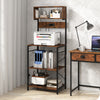 Rustic brown 60-inch tall microwave stand with open shelves, 10 hooks, and sturdy metal frame for versatile storage.
