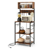 60-inch tall microwave stand in rustic brown with 4 open shelves, power strip, and 10 hanging hooks for kitchen storage.
