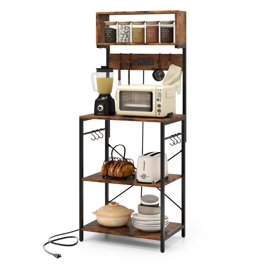 60-inch tall microwave stand in rustic brown with 4 open shelves, power strip, and 10 hanging hooks for kitchen storage.