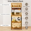 Rustic brown microwave stand featuring a wide countertop and 4 open shelves for organized kitchen storage solutions.