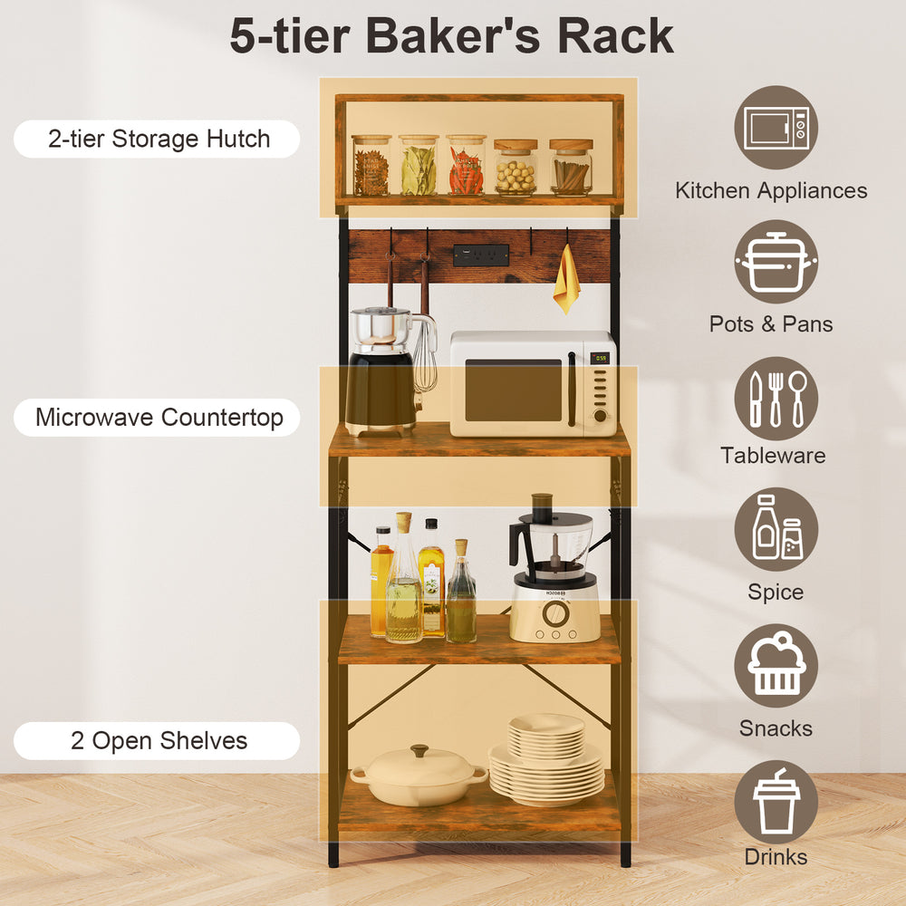 Rustic brown microwave stand featuring a wide countertop and 4 open shelves for organized kitchen storage solutions.