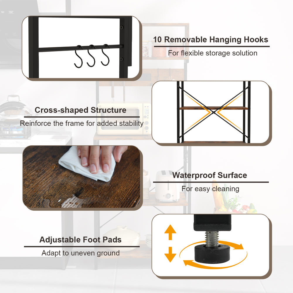 60-inch tall microwave stand in rustic brown with 4 open shelves, 10 hanging hooks, and adjustable foot pads for.