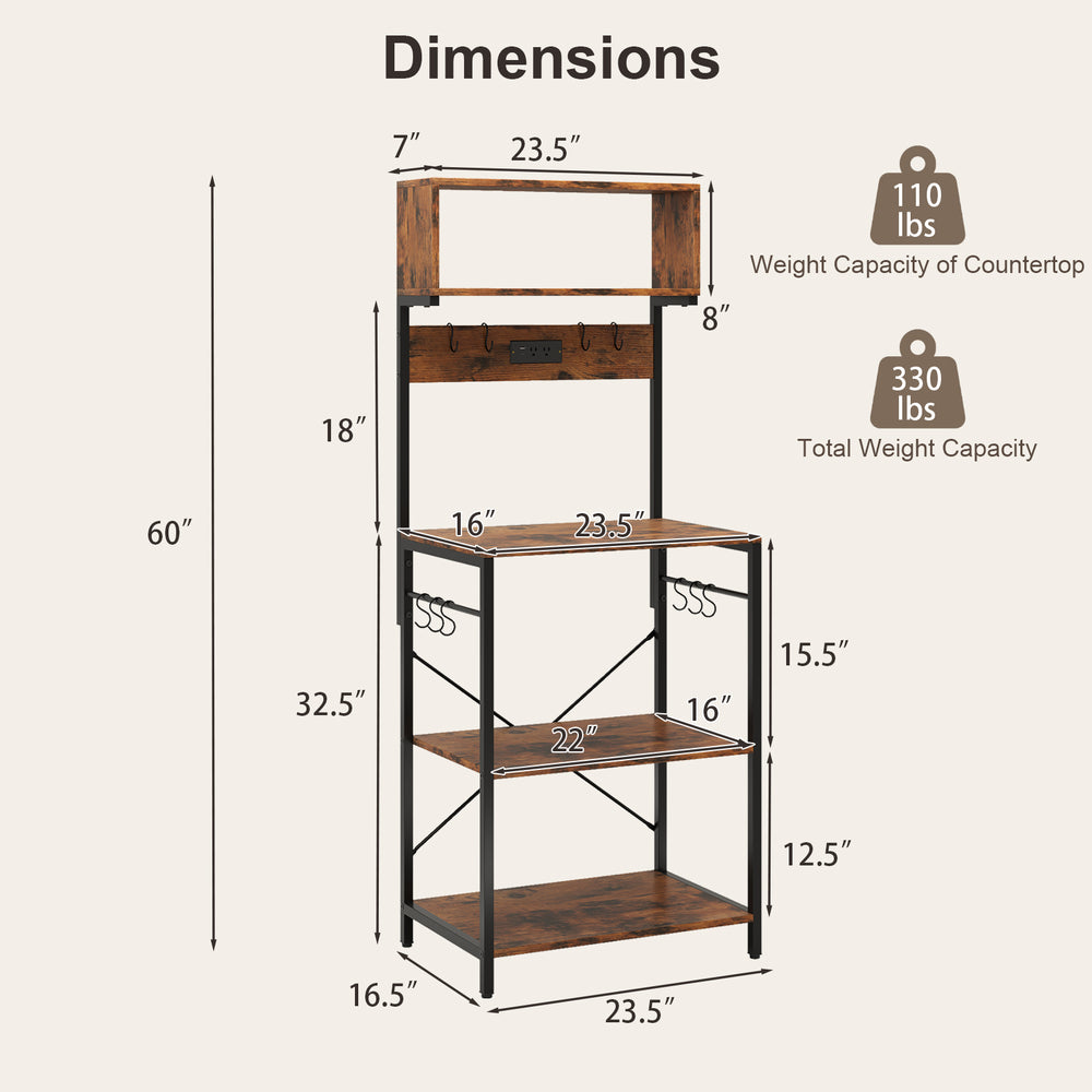 60-inch tall microwave stand in rustic brown with 4 open shelves, 10 hooks, and a robust metal frame for kitchen.