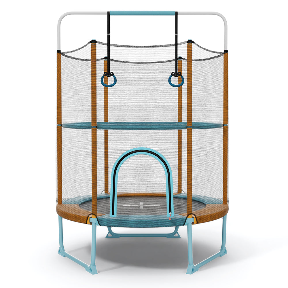 Toddler trampoline with gymnastic bar and rings, featuring a high-density enclosure net for safety and stability.