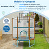 60-inch trampoline with gymnastic bar and rings, designed for kids aged 3-6, featuring a padded enclosure and U-shaped.