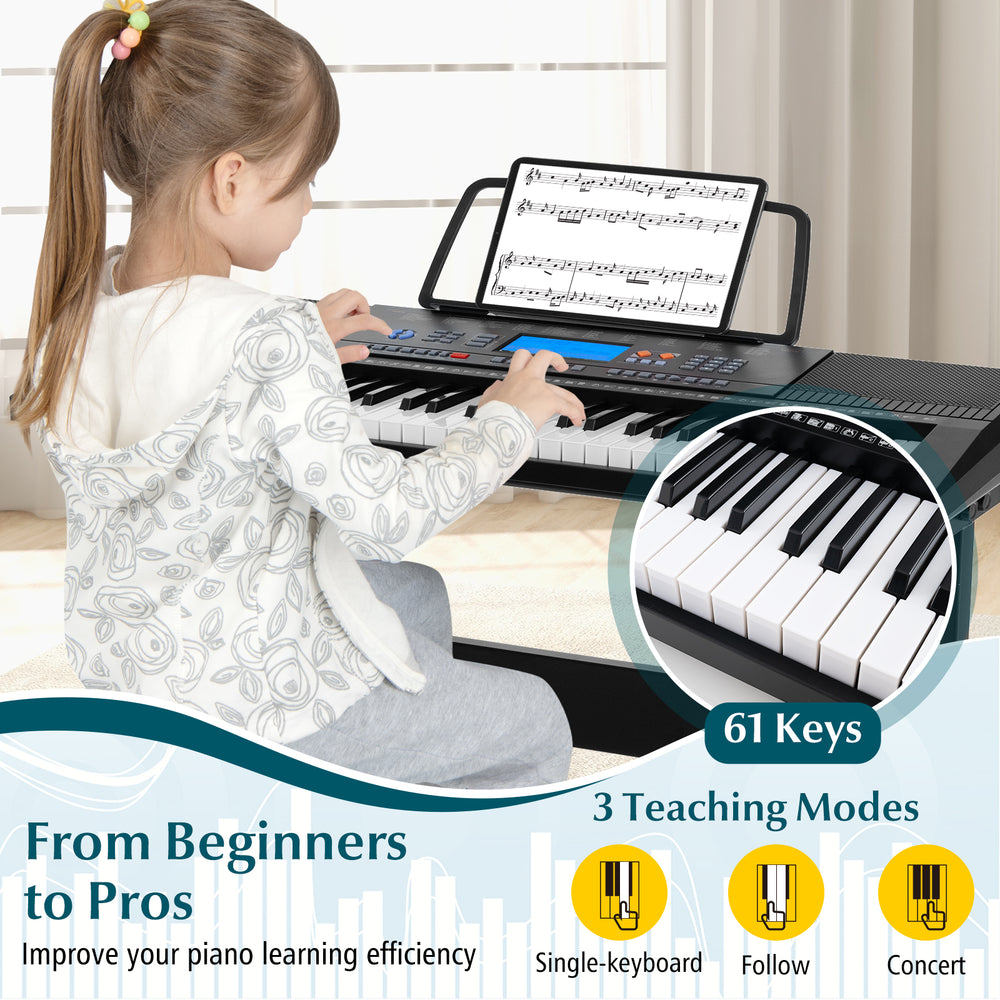 61-key electronic keyboard piano set with stand, bench, and headphones, featuring 3 teaching modes for beginners.