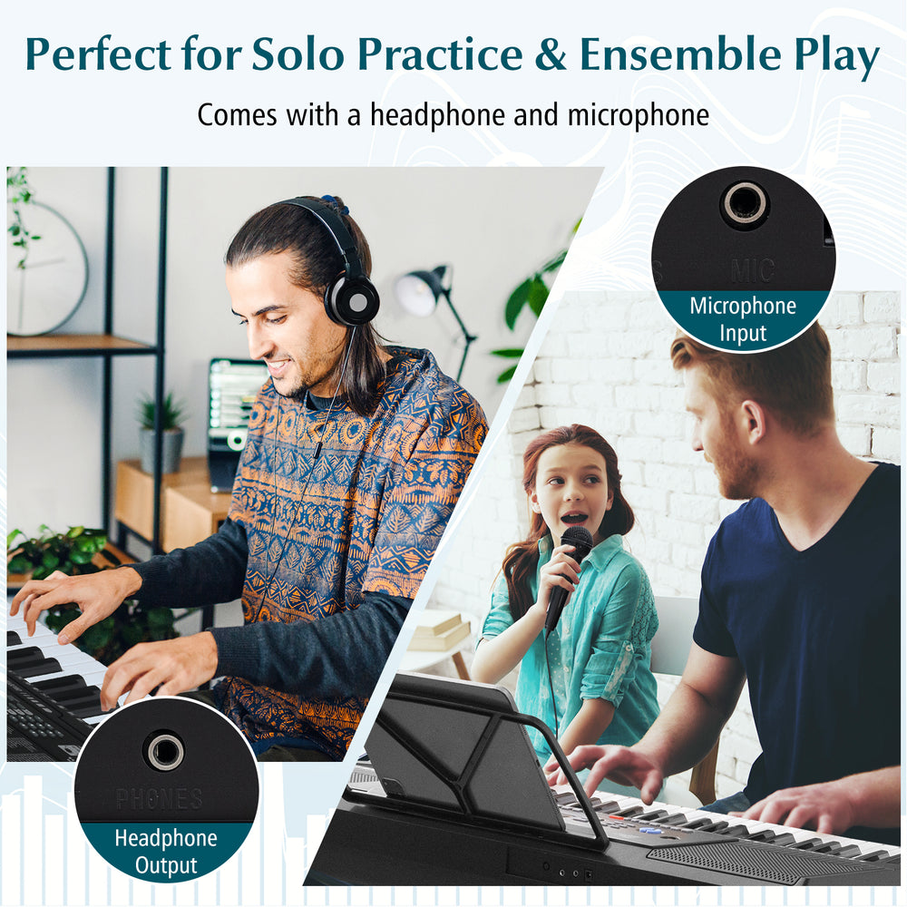 61-key electronic keyboard piano set with headphones, microphone, and stand, ideal for solo practice and ensemble play.